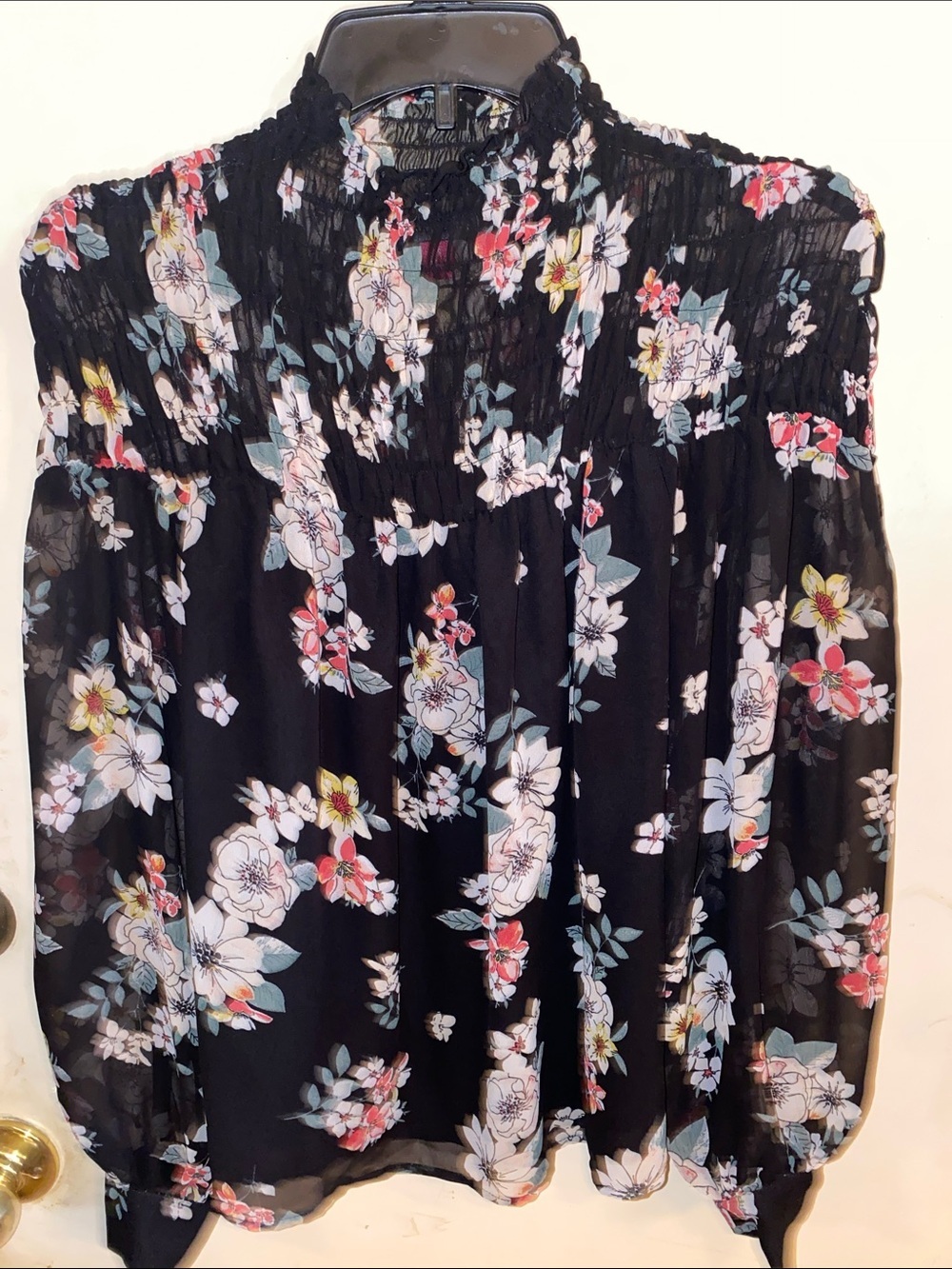Vince Camuto XS Floral Smocked Turtle Neck Long See-through sleeve Blouse